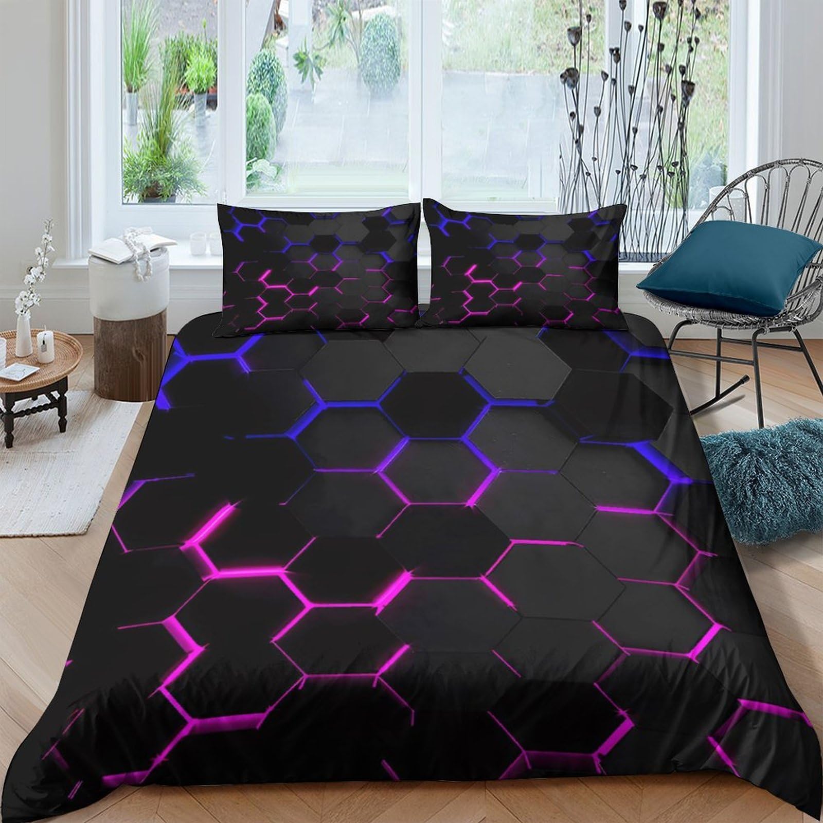 Ctjqhvkz Style-9 3D Printed Neon Hexagon Fitted Sheet Microfiber Soft Black Purple Geometric Mattress Cover For Bedroom Dorm Decor Single（135X200cm）