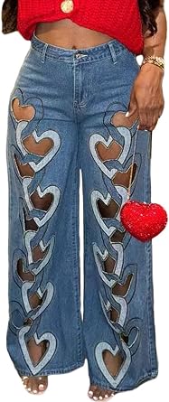 Famnbro Womens Ripped Jeans Heart Cutout Baggy Sexy Denim Pants | Breathable Denim,Y2k High Waisted Straight Wide Leg Jeans,Suitable for Dating, Club and Street Style