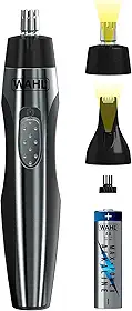 Aparador elétrico Wahl a bateria com iluminação; aparador de pelos faciais, nariz, orelhas e sobrancelhas indolor para homens e mulheres, Modelo 5546-200, preto/prata