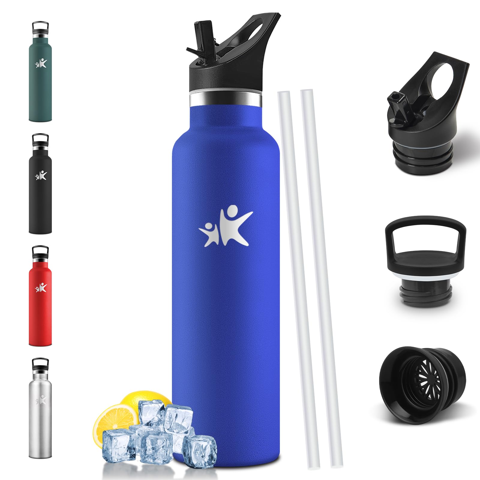 Mulbijeo Trinkflasche 750ML, BPA-Frei, Trinkflasche Edelstahl, Auslaufsichere Isolierflasche Doppelwandig, Flasche mit Strohhalm, Wiederverwendung, Thermosflasche Kohlensäure Geeignet - Königsblau