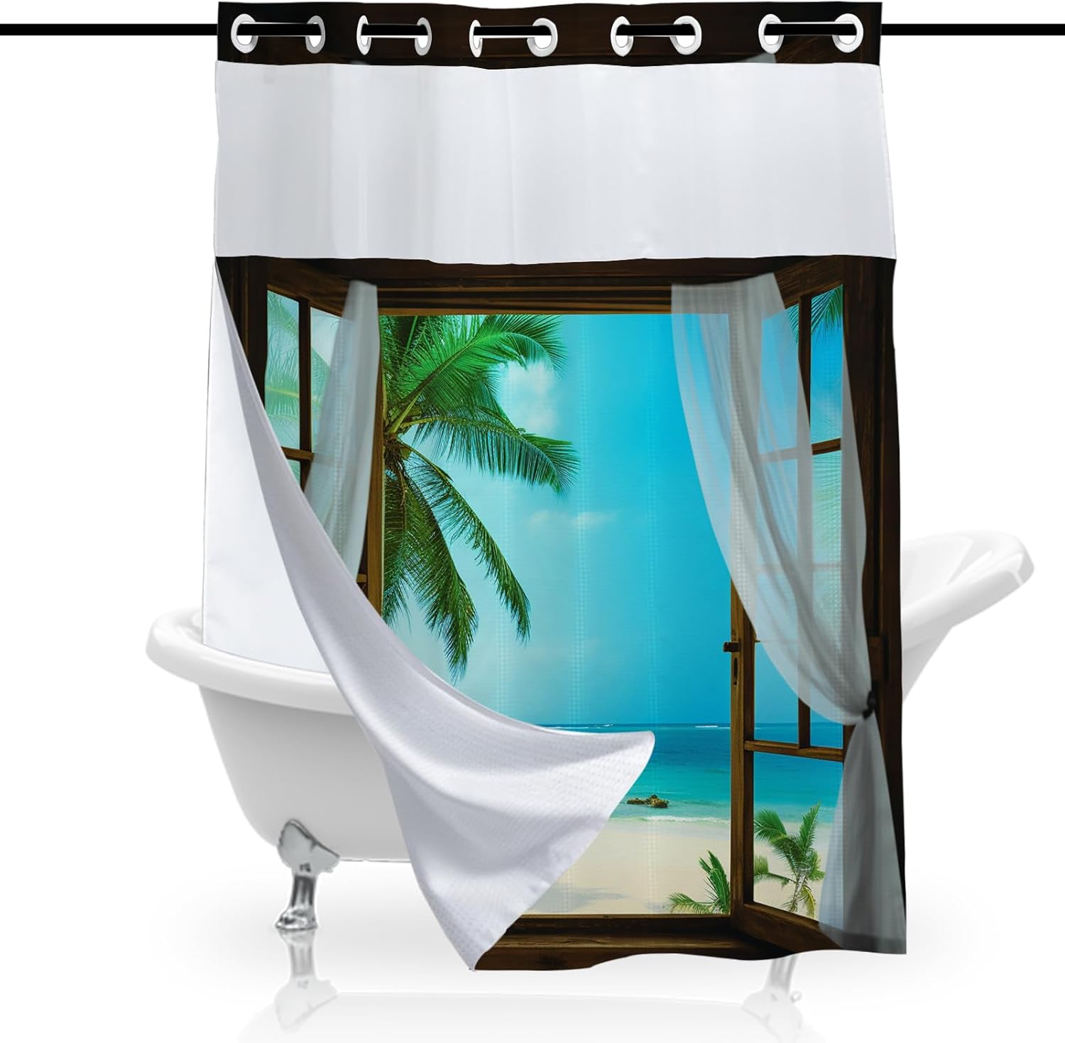 Window Scenery Beach Shower Curtain for Bathroom, Waterproof Waffle Aesthetic Ocean Shower Curtain with Snap in Fabric Liner Set, Heavy Duty Bath Curtains Hotel Spa Luxury Polyester 72Wx74H No Hook