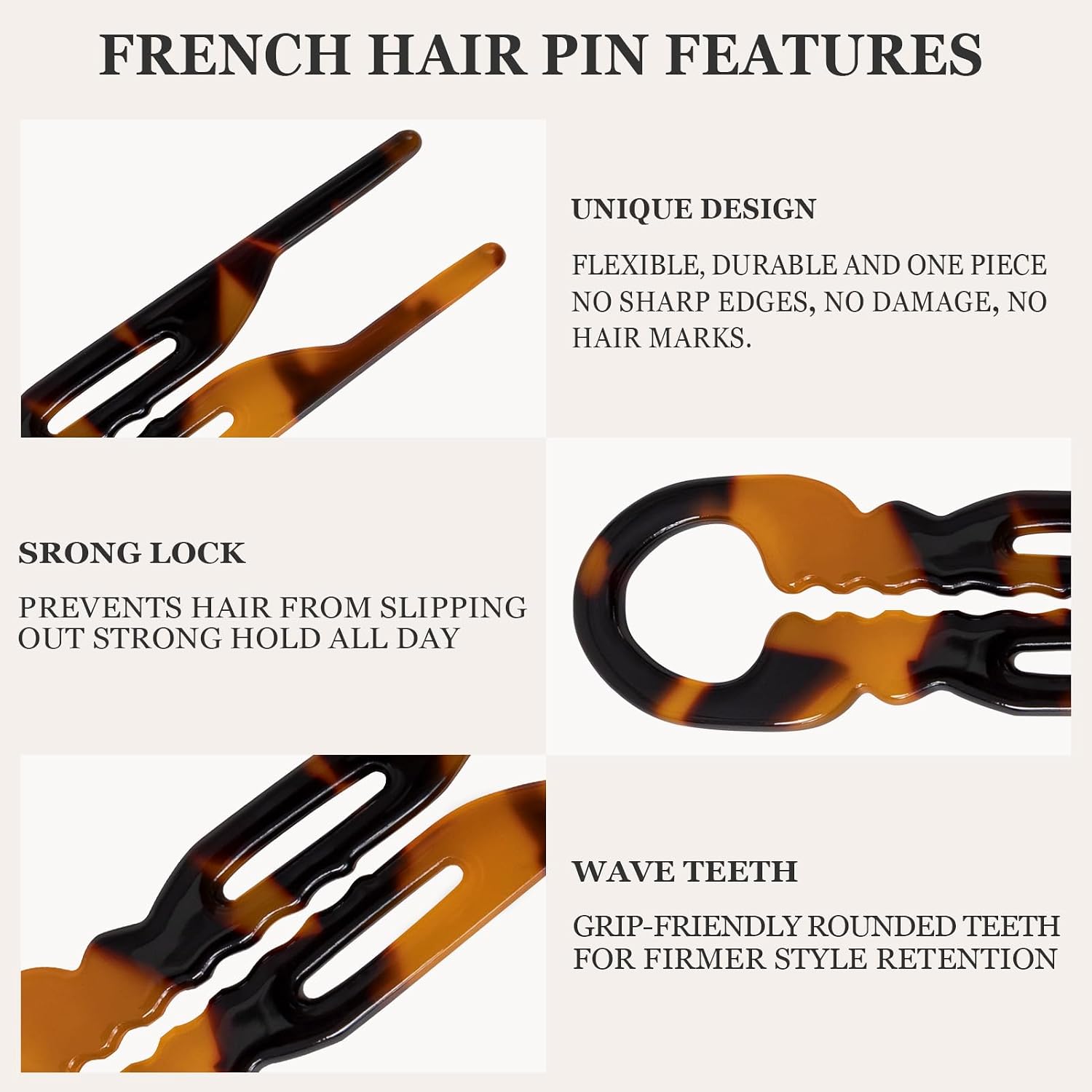 Sunolga 6 PCS 2.83 in Small French Hair Pins for Women, Prestige Hair Pins for All Hair, Curved Shape for Better Head Fit Hair Accessories, Serrated Anti-Slip Design Hairpins