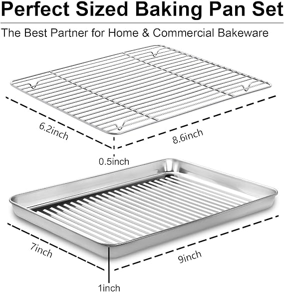 Baking Tray & Rack Set [2 Sheets + 2 Racks], Stainless Steel Non Stick Oven Tray with Rack, Large Cookie Sheet Pan for Baking Cooking, Heavy Duty, Easy Clean, Dishwasher Safe (9 x 7 x 1 inch)