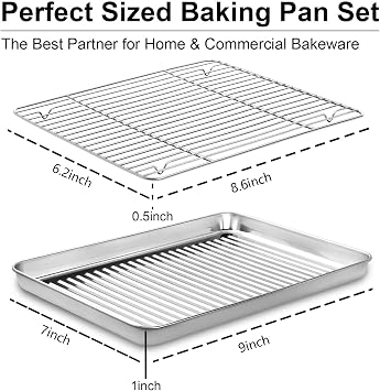 Baking Tray & Rack Set [2 Sheets + 2 Racks], Stainless Steel Non Stick Oven Tray with Rack, Large Cookie Sheet Pan for Baking Cooking, Heavy Duty, Easy Clean, Dishwasher Safe (9 x 7 x 1 inch)