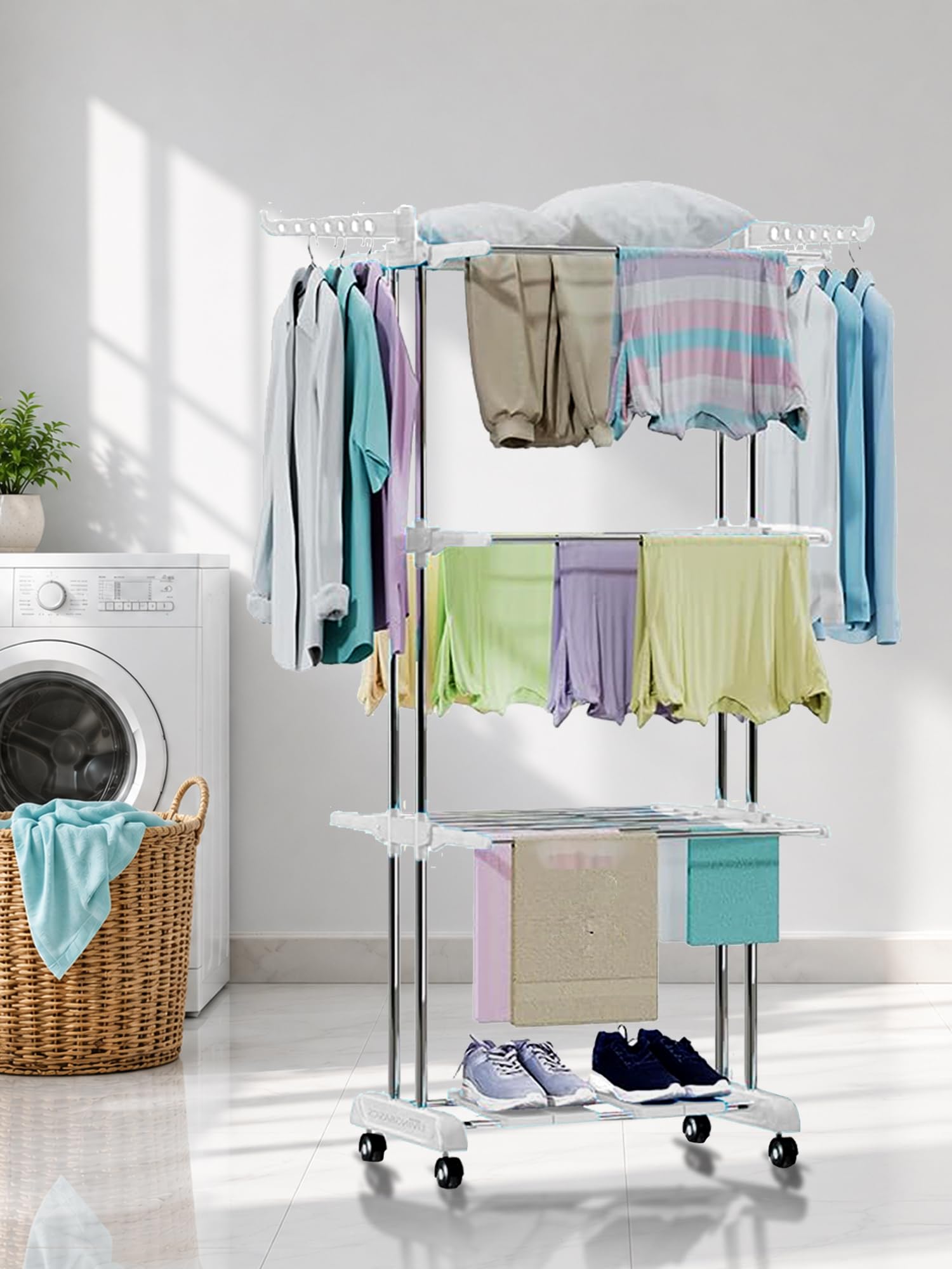 LIVINGBASICS 3 Layer Clothes Stand for Drying, Snow White + 4 Shoe Shelves