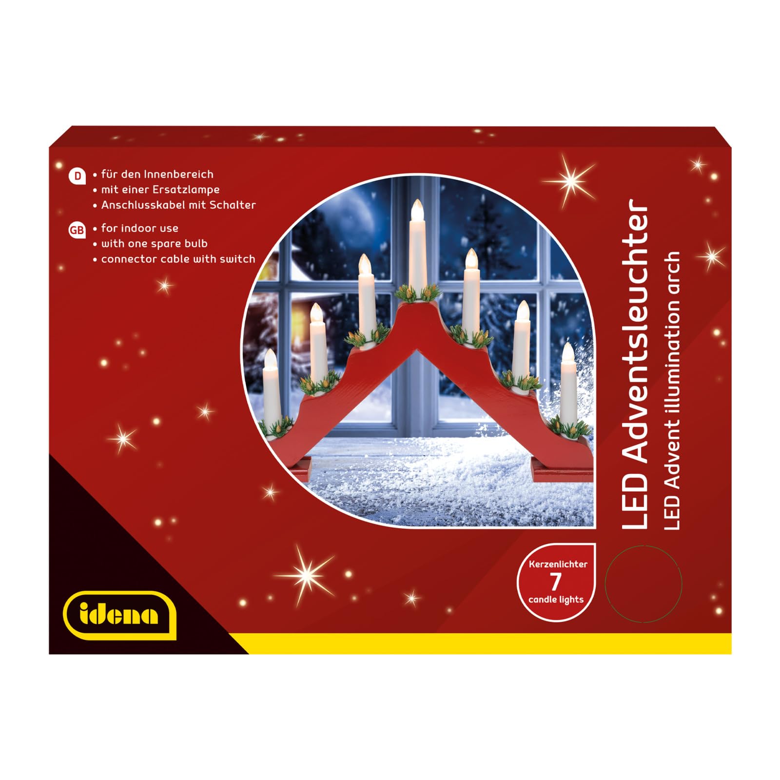 Idena 31604 - Portacandele LED dell'Avvento in legno laccato rosso con 7 candele LED bianco caldo, arco di candele con lampadina di ricambio e interruttore, decorazione natalizia per interni