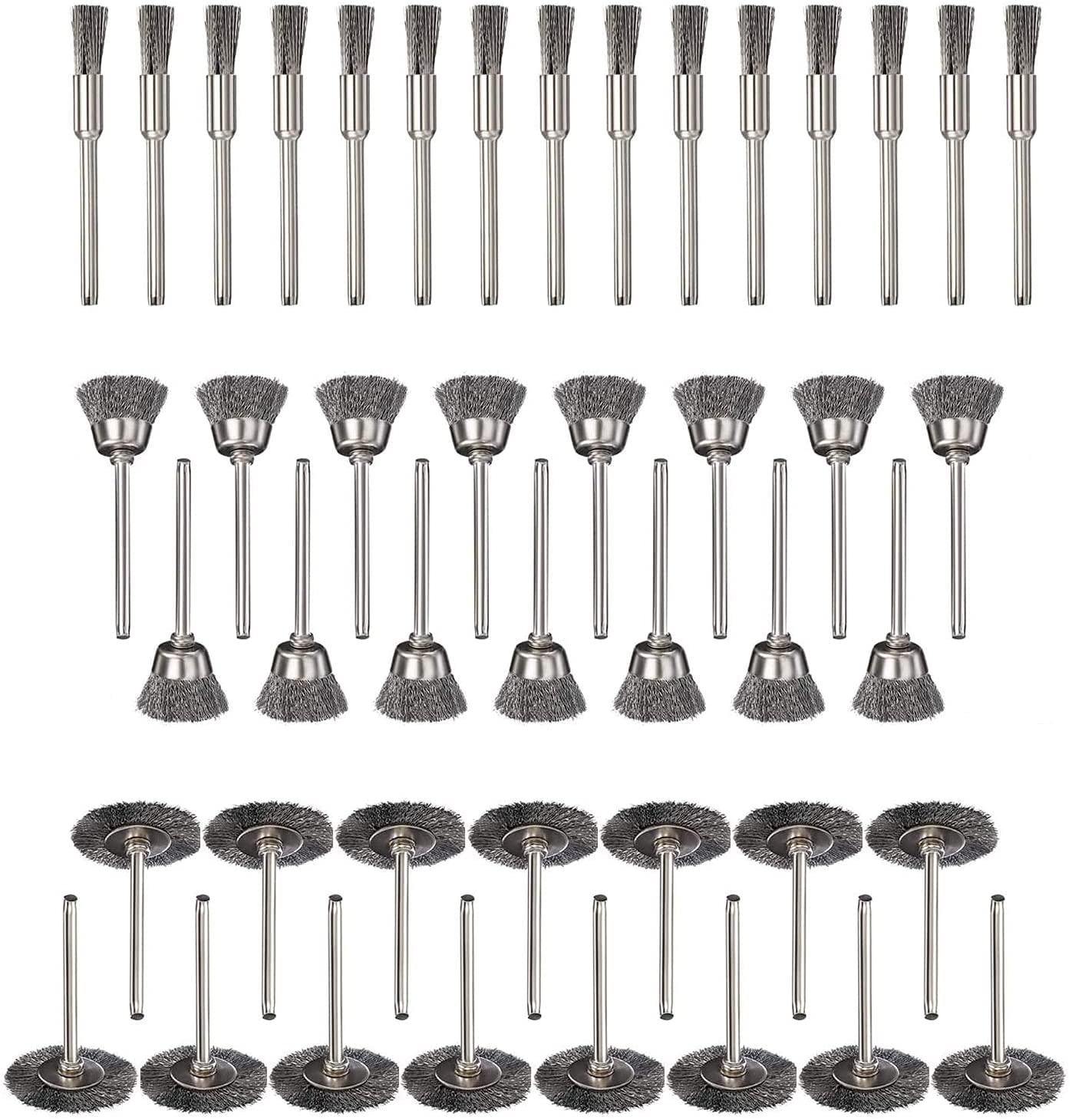 45 Pcs Wire Brushes Set, Stainless Steel Wire Cup Wheels Pen Brushes Set 1/8" Shank Kit Accessories for Rotary Tool For Cleaning, Deburring and Surface-Finishing (45Pcs Pen/Cup/T-Type Mix)