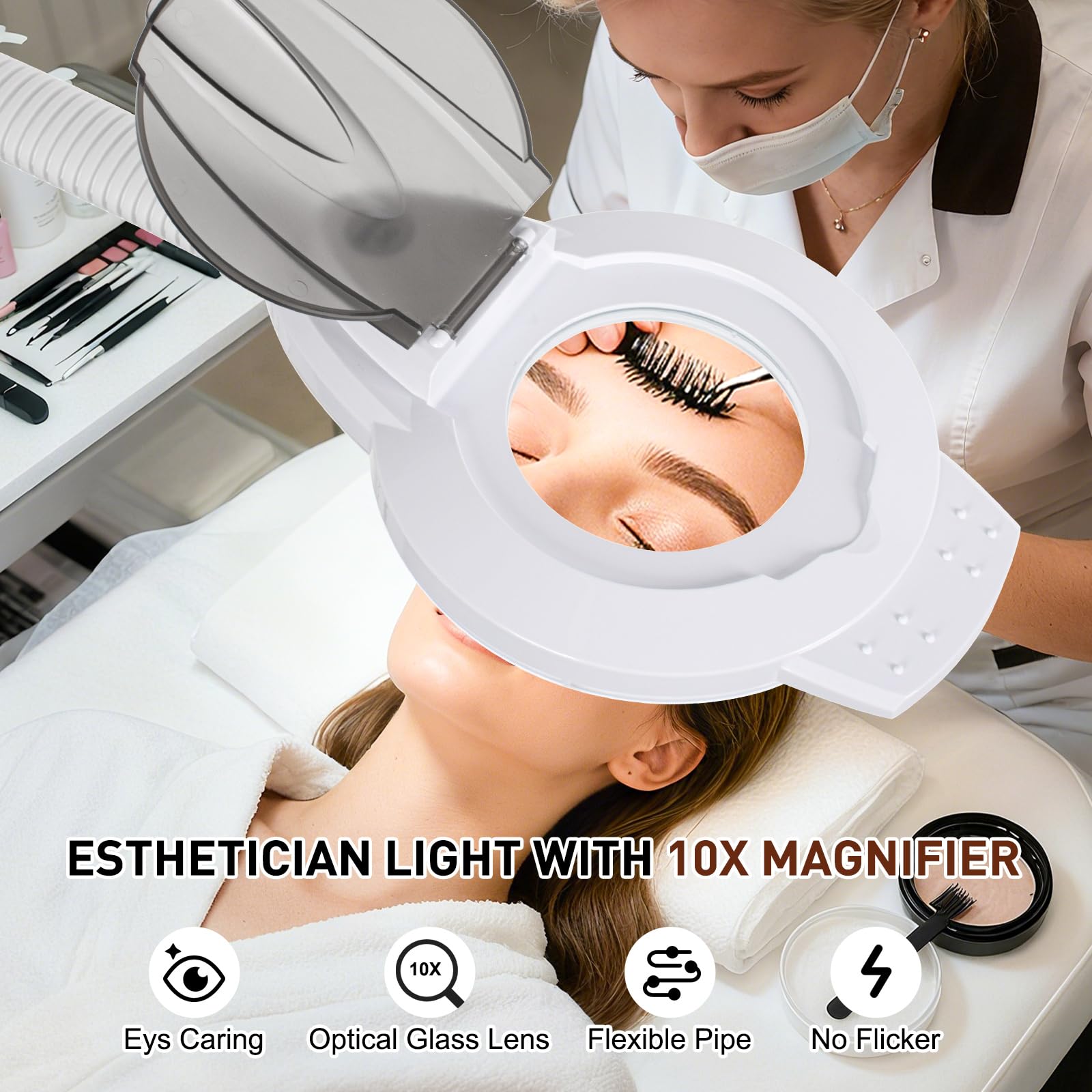 10-fach-Lupenleuchte für Kosmetiker, 2500 Lumen | Flexibler Schwanenhals, Stufenlos Dimmbar LED, Standlupenleuchte, Für Wimpernverlängerung, Tattoos, Nägel Beauty- & Salon
