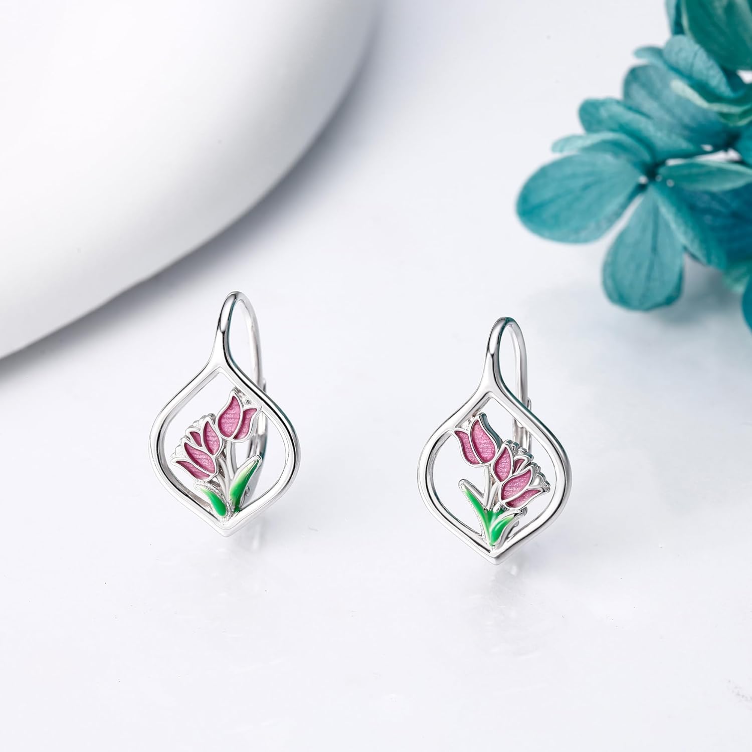 Tulip Earrings for Women Sterling Silver Tulip Flower Leverback Earrings Pink Tulip Jewelry Gifts - Image 3