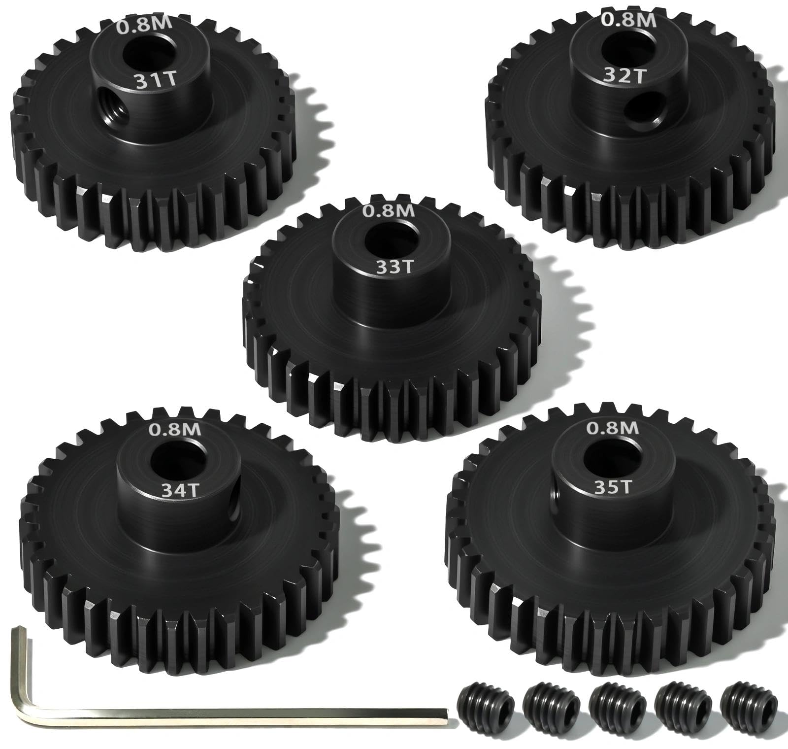 Juego de 5 engranajes de piñón de acero endurecido de 0,8 m, eje de 5 mm, eje 31T, 32T, 33T, 34T, 35T, piñón de motor con tornillo M4 y llave hexagonal, para Arrma HPI Kyosho Losi Axial Traxxas Tamiya