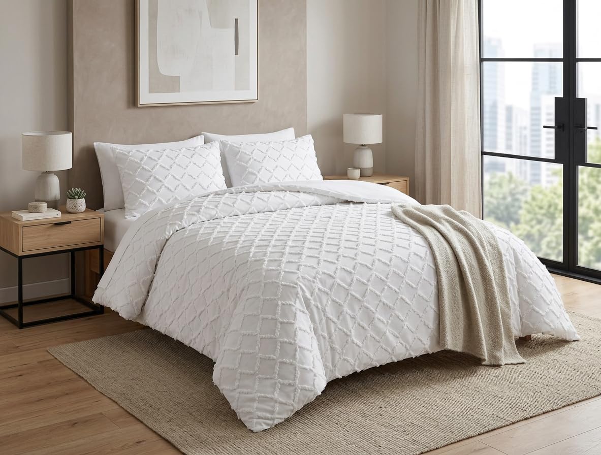 Luxury White Tufted Duvet Cover Set Super King 3Pcs Bedding & Pillowcases