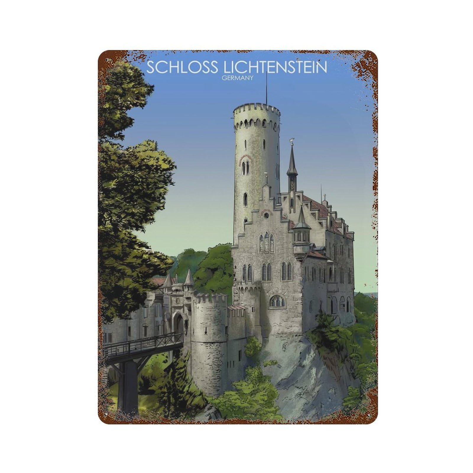 Lichtenstein Castle German 15.7"x11.8" Rustic Tin Plaque, Novelty Wall Decor for Living Room, Hallway And Home Decor