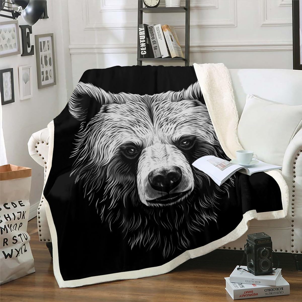 Erosebridal Bear Gifts Throw Blanket 3D Wild Animal Teen Boys Sherpa Blanket Queen, Cartoon Fierce Animal Print Fleece Blanket Black Bear Fuzzy Blanket Kids Bedroom Decor