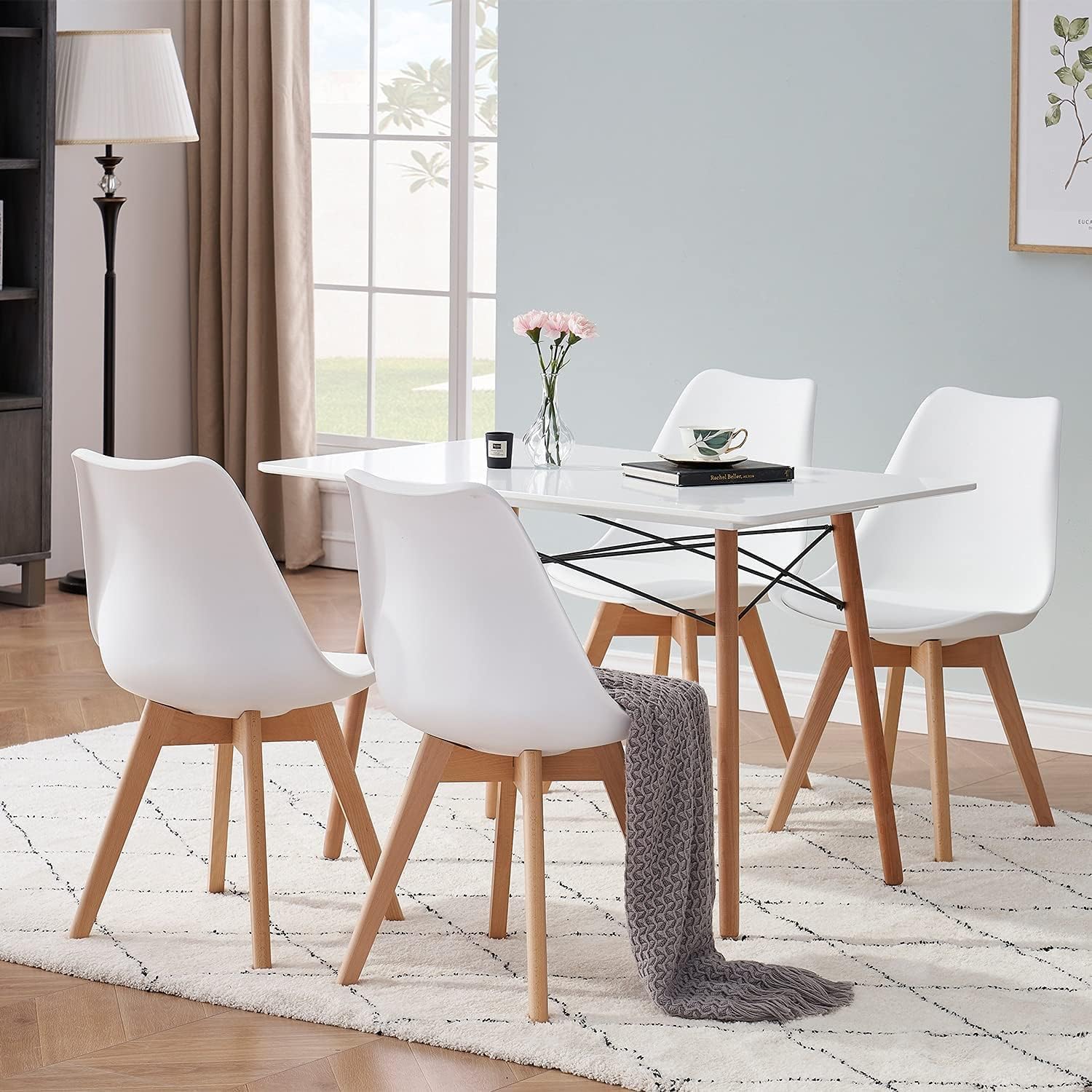 Sillas de Comedor, Sillas de Cocina con Respaldo Ergonómico, Asiento Acolchado Tapizado y Patas de Madera Maciza de Haya (Blanco, 4 Sillas)
