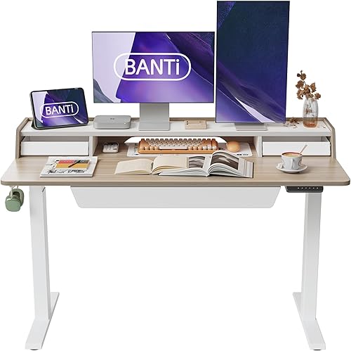 BANTI Escritorio eléctrico de pie ajustable en altura con tres cajones, mesa de 55 x 25 pulgadas con estante de almacenamiento, escritorio de pie