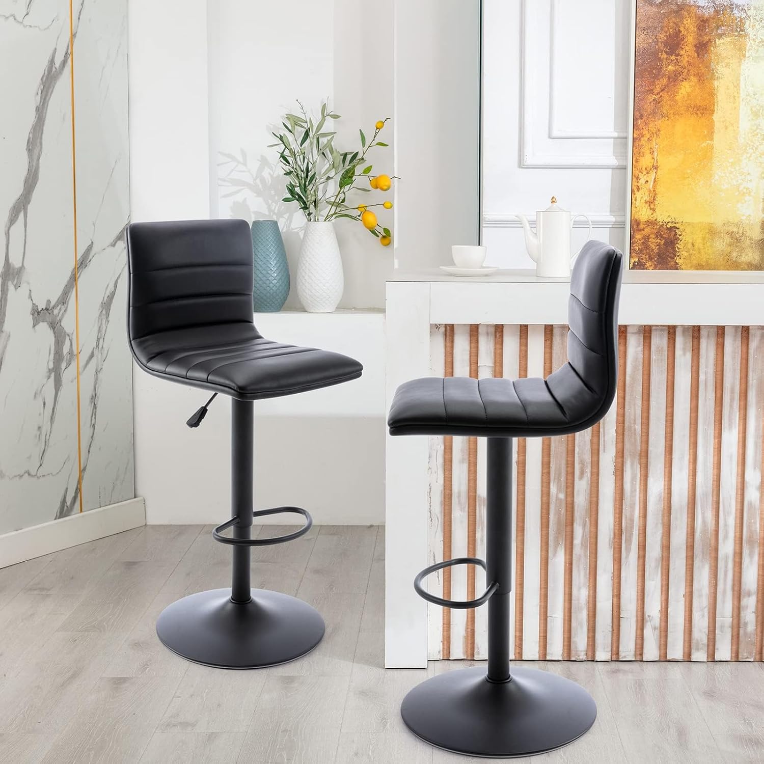 Bar Stools, Modern PU Leather Adjustable Height Swivel Barstools,Counter Height Stools, Armless Kitchen Stool,Dining Chair,Set of 2,Black