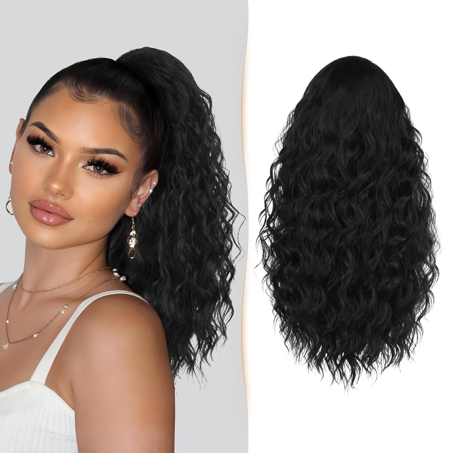 Ponytail Extension, 18 Inch Drawstring Ponytail Curly Fake Ponytail Extension Wavy Pony Tails Hair Extensions Clip on Ponytails Synthetic Hairpiece Pony Tail Extensions for Women – Black