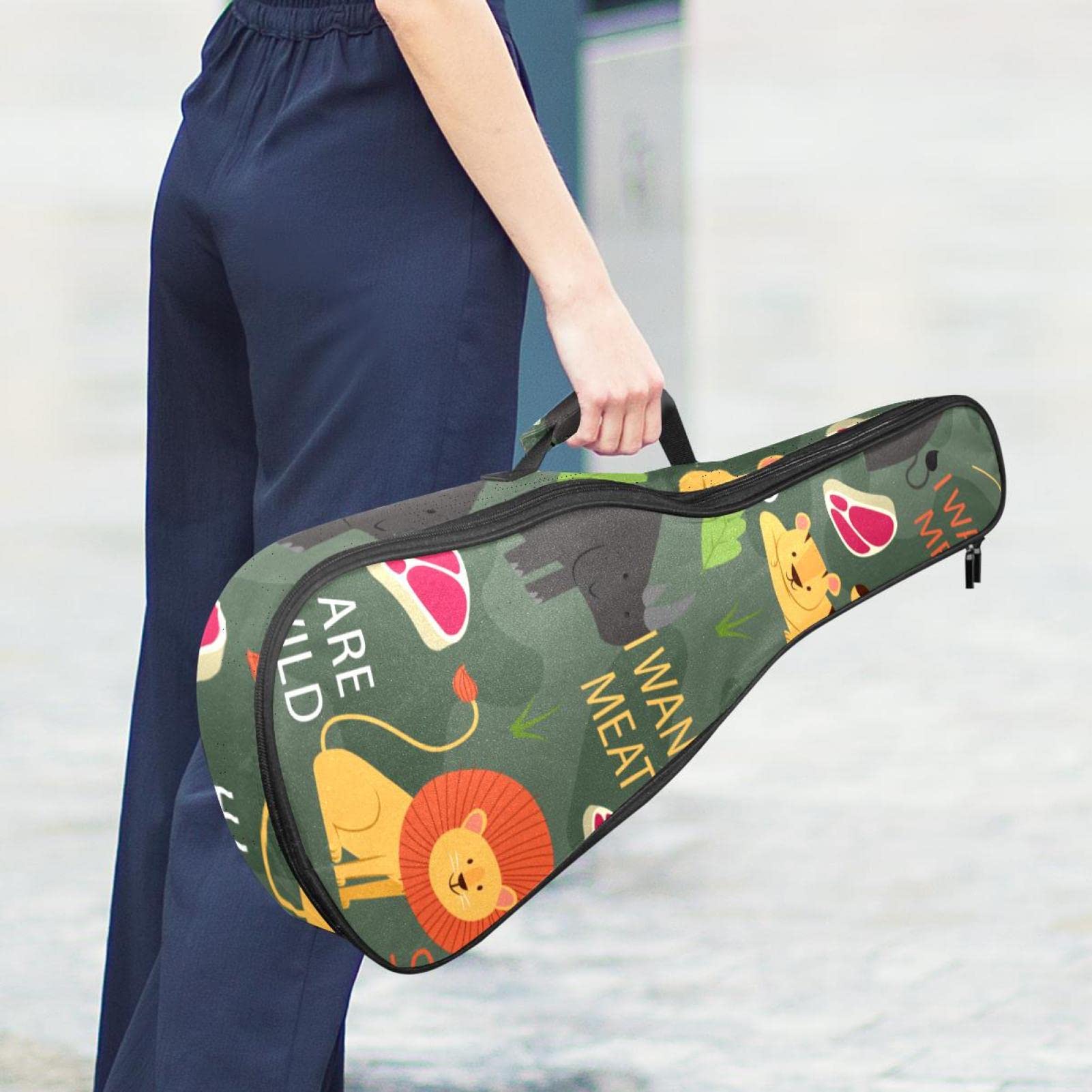 Konzert-Ukulelen-Rucksack, robuster Ukulele-Koffer mit Stauraum, Sopran-Konzert-, Tenor-Ukulele, 10 mm gepolsterte Tasche, bunte Kritzel-Tierwörter