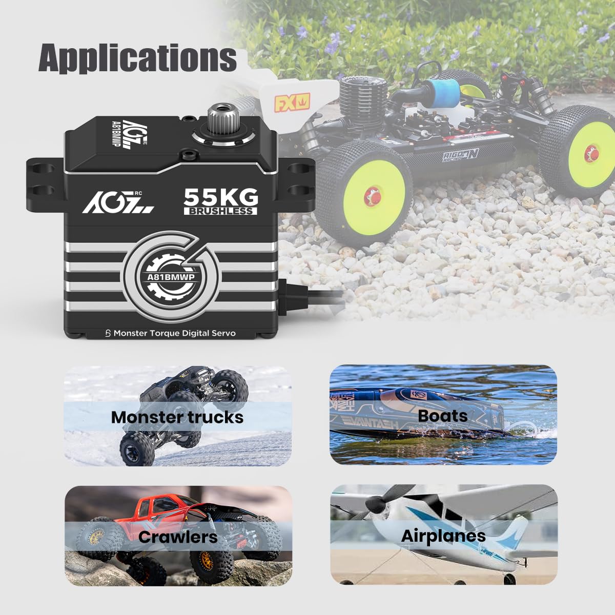 AGFRC 55 kg wasserdichter RC-Servo-Motor mit hoher Drehzahl – 0,087 Sekunden Hochgeschwindigkeits-Bürstenloser HV-Vollmetallgetriebe, digitaler Standard-Lenkservo für 1/8 1/10 RC Auto (A81BMWP)