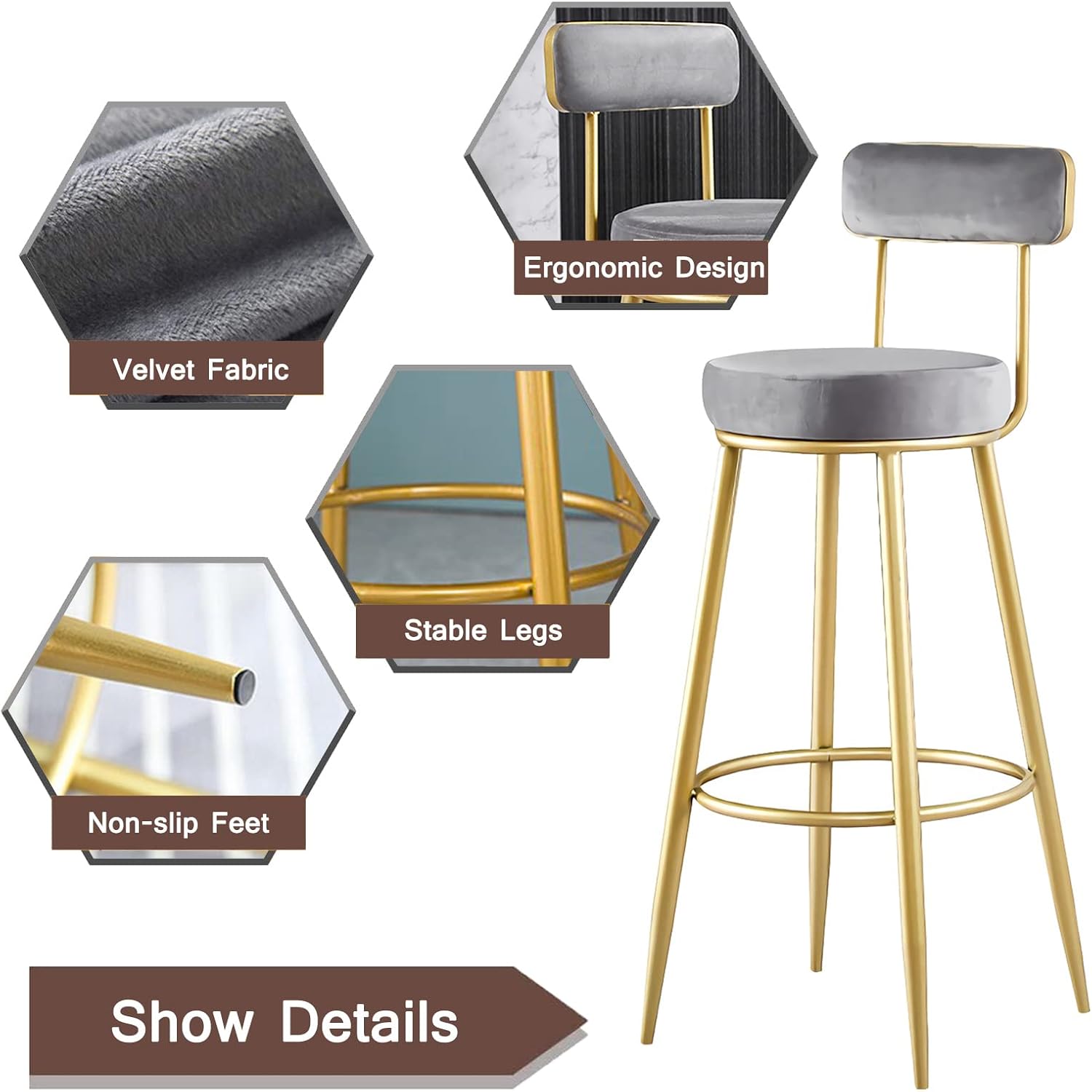 ①北欧レトロ インダストリアル アイアンフレーム ベロアハイスツール