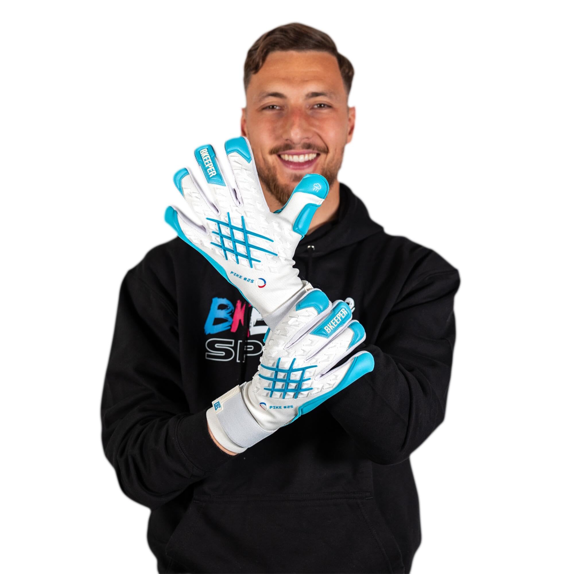 Gants de Gardien Pike #25 Aqua, Blanc et Bleu, Coupe Négative, Mousse Contact