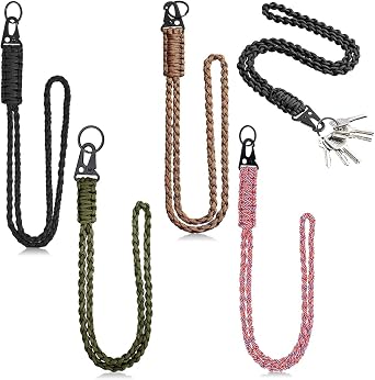 4 PCS Heavy Duty Paracord Lanyard Necklace Whistles Strap Braided 550 Keychain for Men Women Outdoor Survival Parachute Rope Necklace Keychains with Clip Key Ring for ID Card Badge Holder Wallet