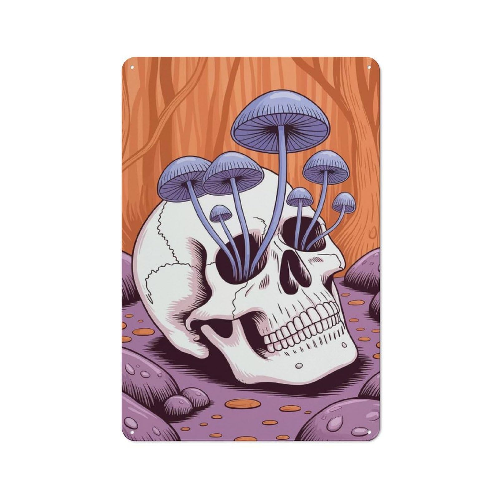 Junmoney Skull With Mushrooms In Forest Metal Wall Plaque 30X20cm, Simple Retro Office Wall Decor For Office, Study, Studio Or Hallway