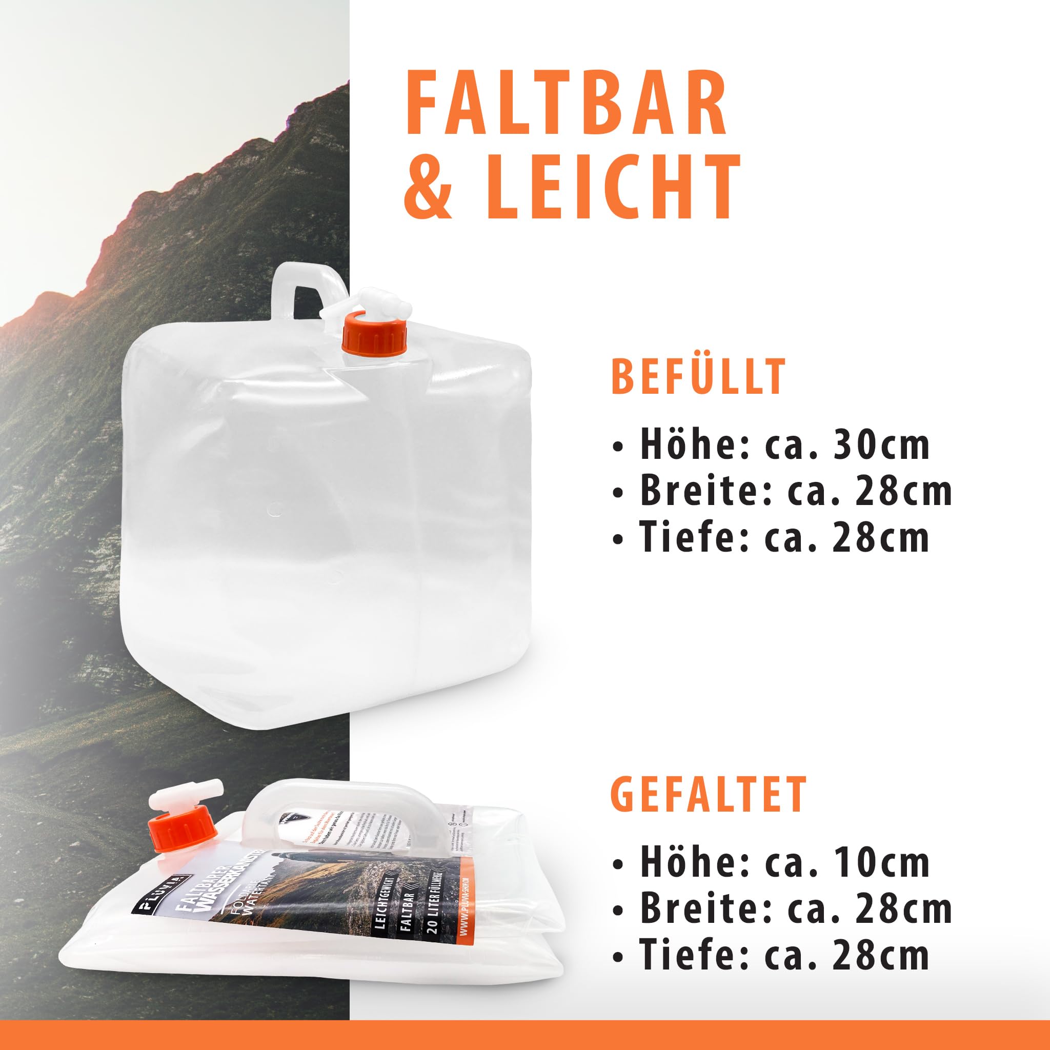 Pluvia® Wasserkanister 20L Trinkwasser Set (2x20L) faltbar - Blackout Notfallausrüstung - Notfall Ausrüstung - Kanister inkl. Verschluss & Wasserhahn, durchsichtig