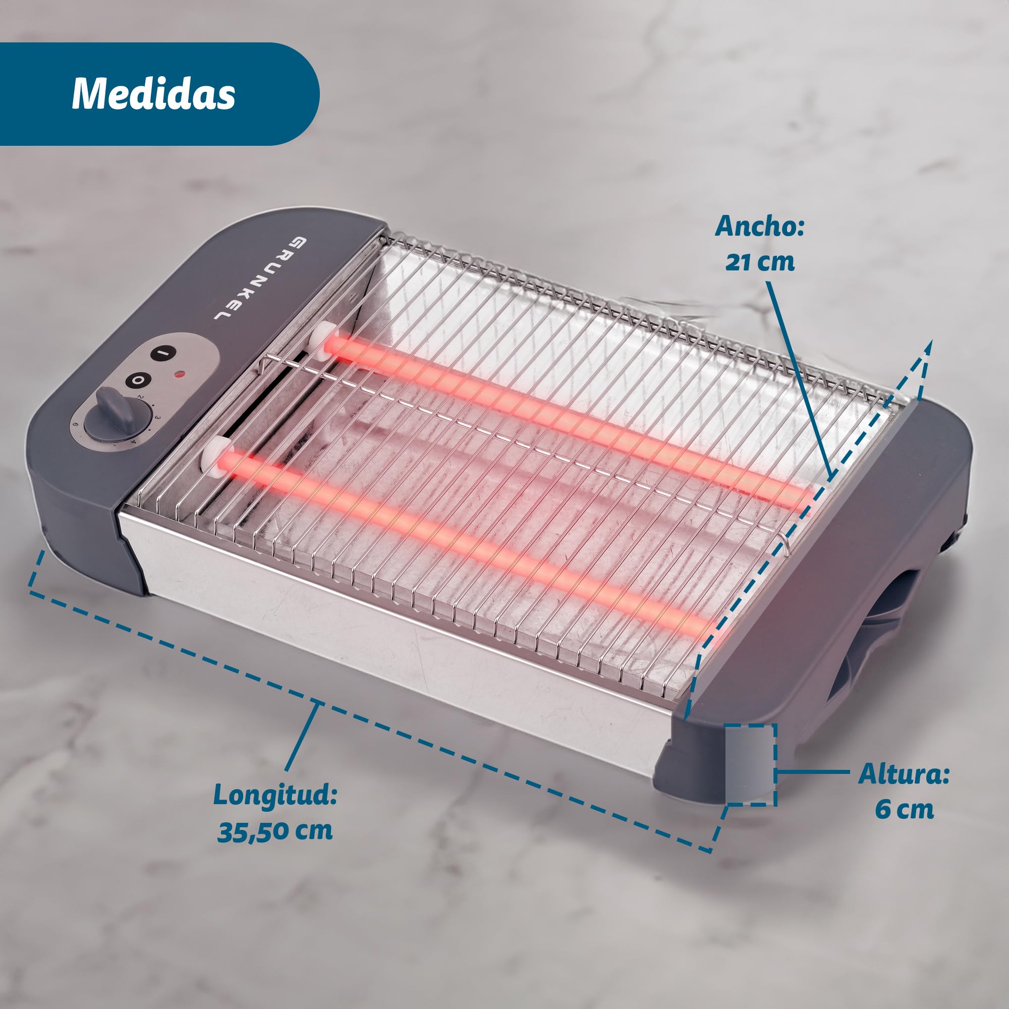 Grunkel - Tostadora de pan plana para 4 rebanadas de 600w con 6 niveles de temporizador y señal acústica de finalización. Incluye bandeja recogemigas extraíble (Básico)