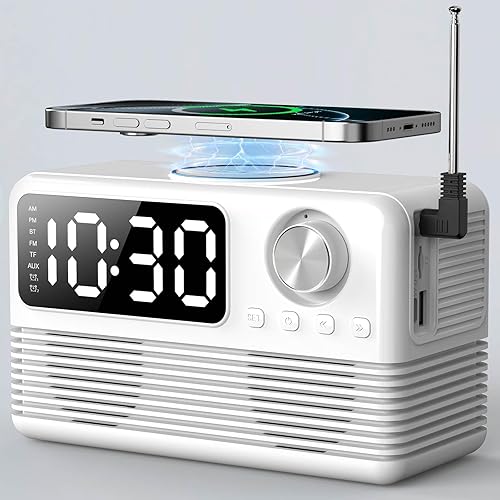 Miniatura 7 de Cargador inalámbrico rápido de 15 W con altavoz Bluetooth y radio despertador, estación de carga inalámbrica 4 en 1 para iPhone, teléfonos Android