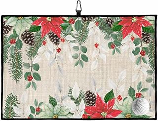 Vintage Christmas Pine Needles Golf Towel with Carabiner Clip Waffle Pattern Towels for Golfs Bags, Red Flowers on Linen Golfs Accessories for Men/Women Gifts for Golf Fan Golfer