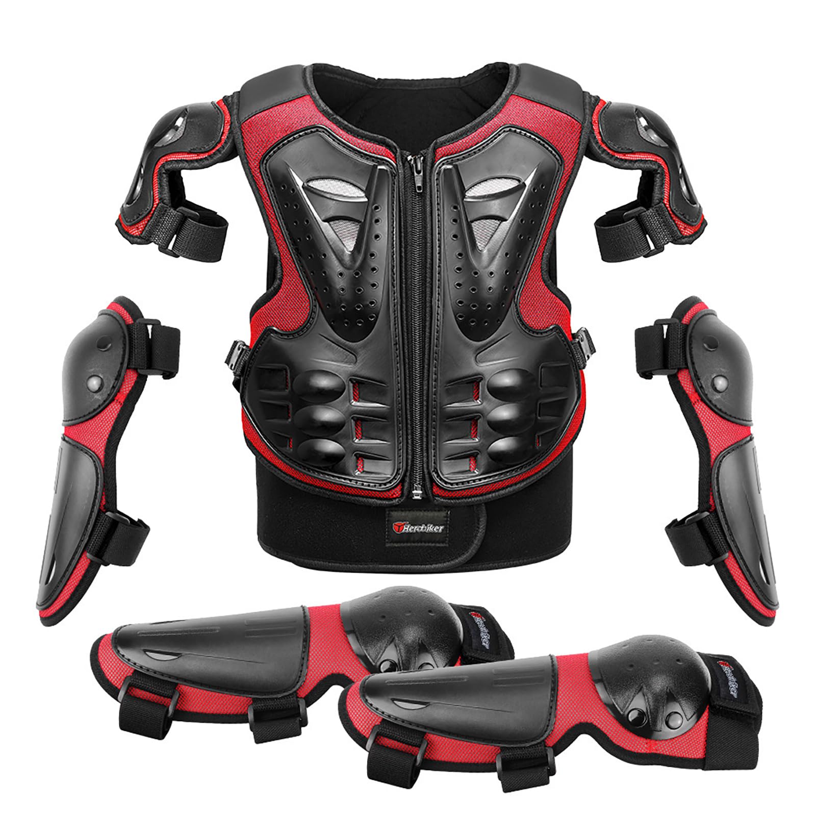 Motorcycle Body Armour for Kids, Motocross Body Armour Vest with Knee Pad and Elbow Pad, Motorbike Armor Protective Gear Set Racing Safety Accessories for 5-13 Years,Red-One Size