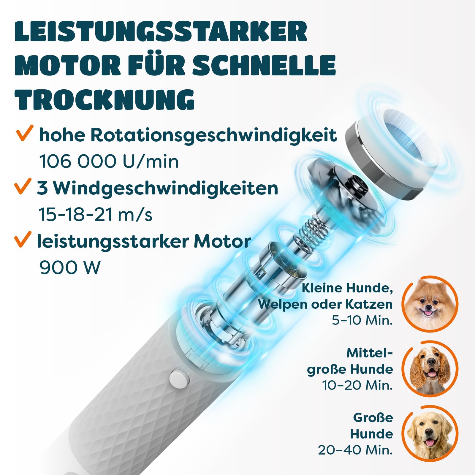 KUUBIA 5-in-1 Hundeföhn 900W | Blower Hundefön | Föhn und Bürste in einem | Tierföhn für Hund & Katze | Hundetrockner | Leise, NTC, Negative Ionen, Tragbar | für alle Rassen und Felltypen - Dryer