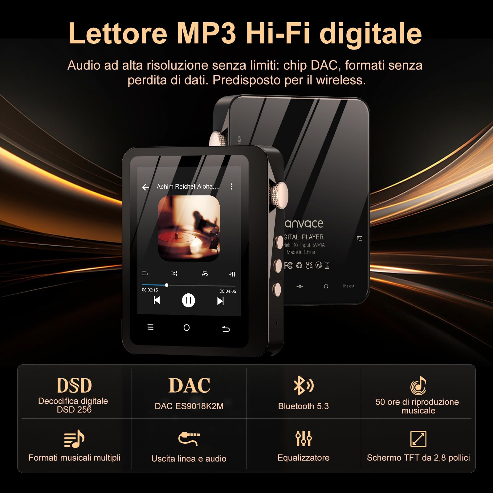 Lettore MP3 Fanvace HiFi con Bluetooth 5.3, lettore musicale digitale ad alta risoluzione DSD senza perdita di dati, lettore audio portatile da 64 GB con touchscreen da 2,8" e batteria da 2000 mAh