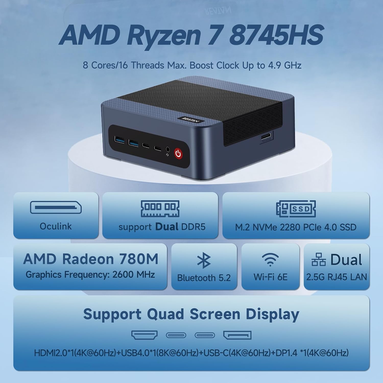 Reatan A8 Mini Gaming PC AMD Oculink Ryzen 7 8745HS(8C/16T,up to 4.9GHz), 16GB DDR5 1TB PCle4.0 SSD Radeon 780M Mini Desktop Computer, Quad Display Dual 2.5G LAN & Wi-Fi 6E & BT5.2 Mini PC thumbnail