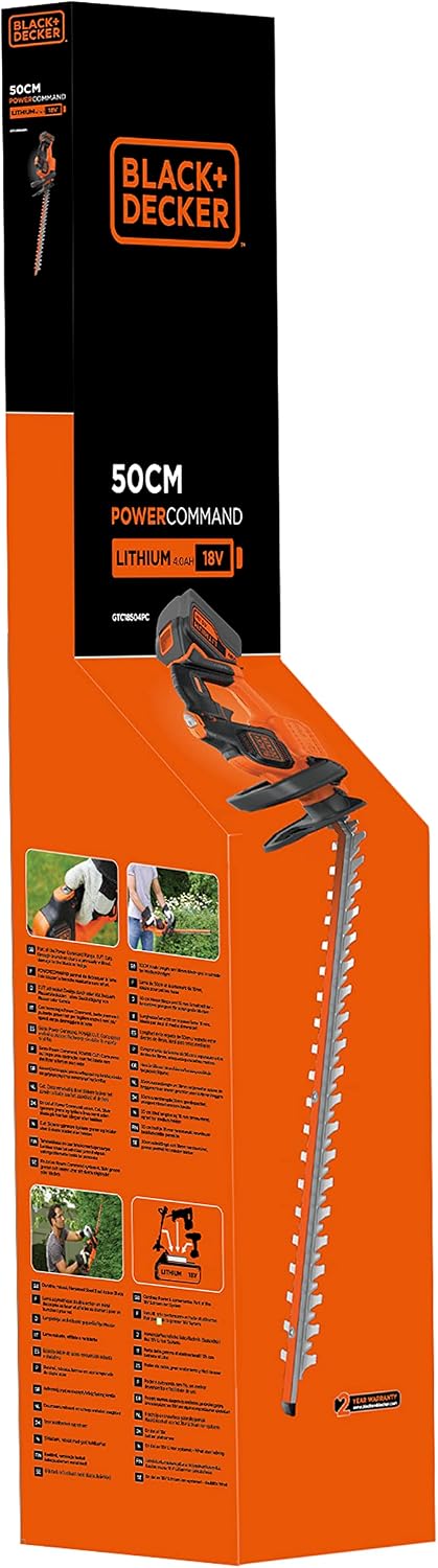 Black+Decker Akku-Heckenschere (18 V 4,0Ah, Antiblockierfunktion, 50 cm Schwertlänge, 18 mm Schnittstärke, für mittlere Hecken) GTC18504PC