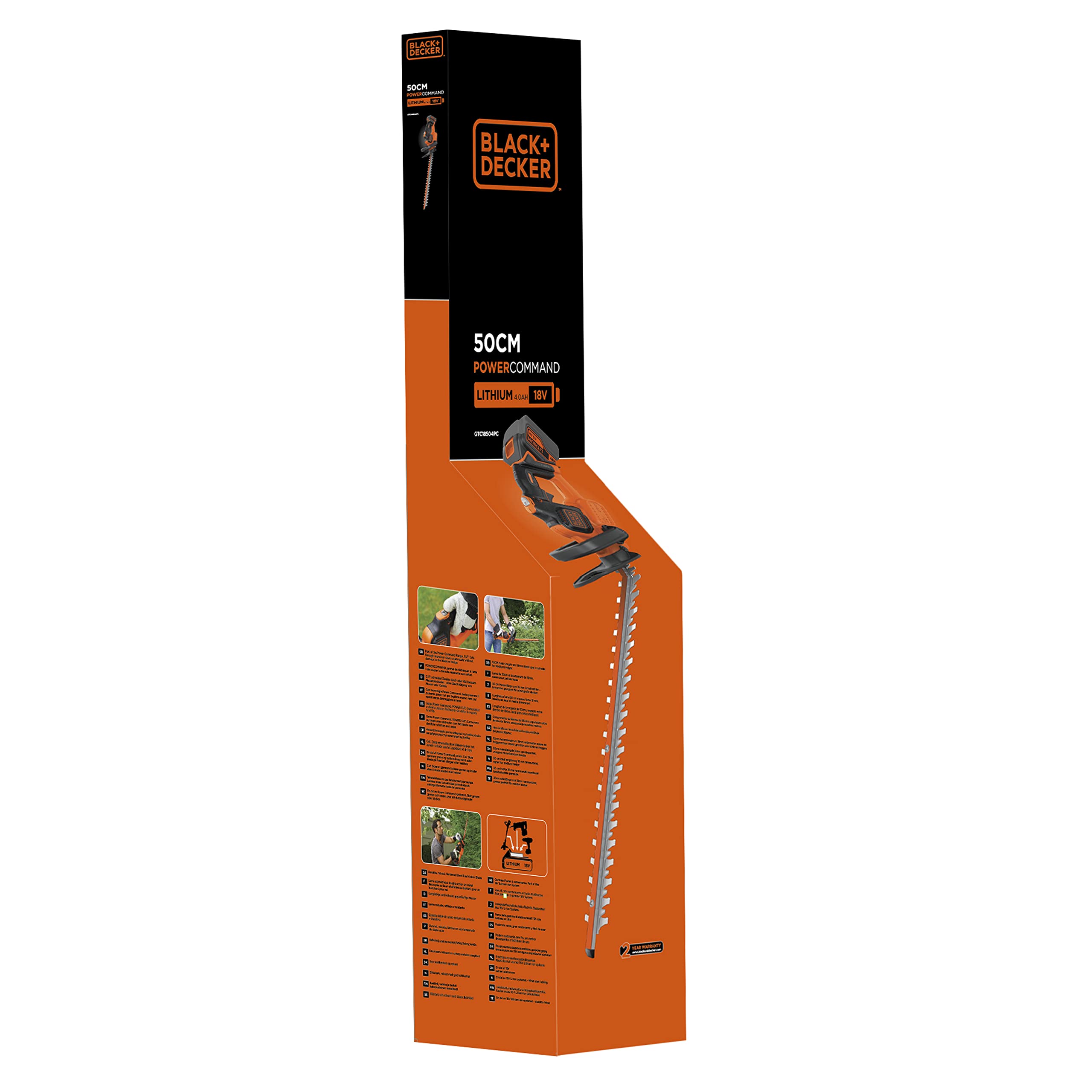 Black+Decker GTC18504PC akumulatorowe nożyce do żywopłotu (18 V, 4,0 Ah, funkcja zapobiegająca blokowaniu, długość miecza 50 cm, grubość cięcia 18 mm, do średnich żywopłotów)