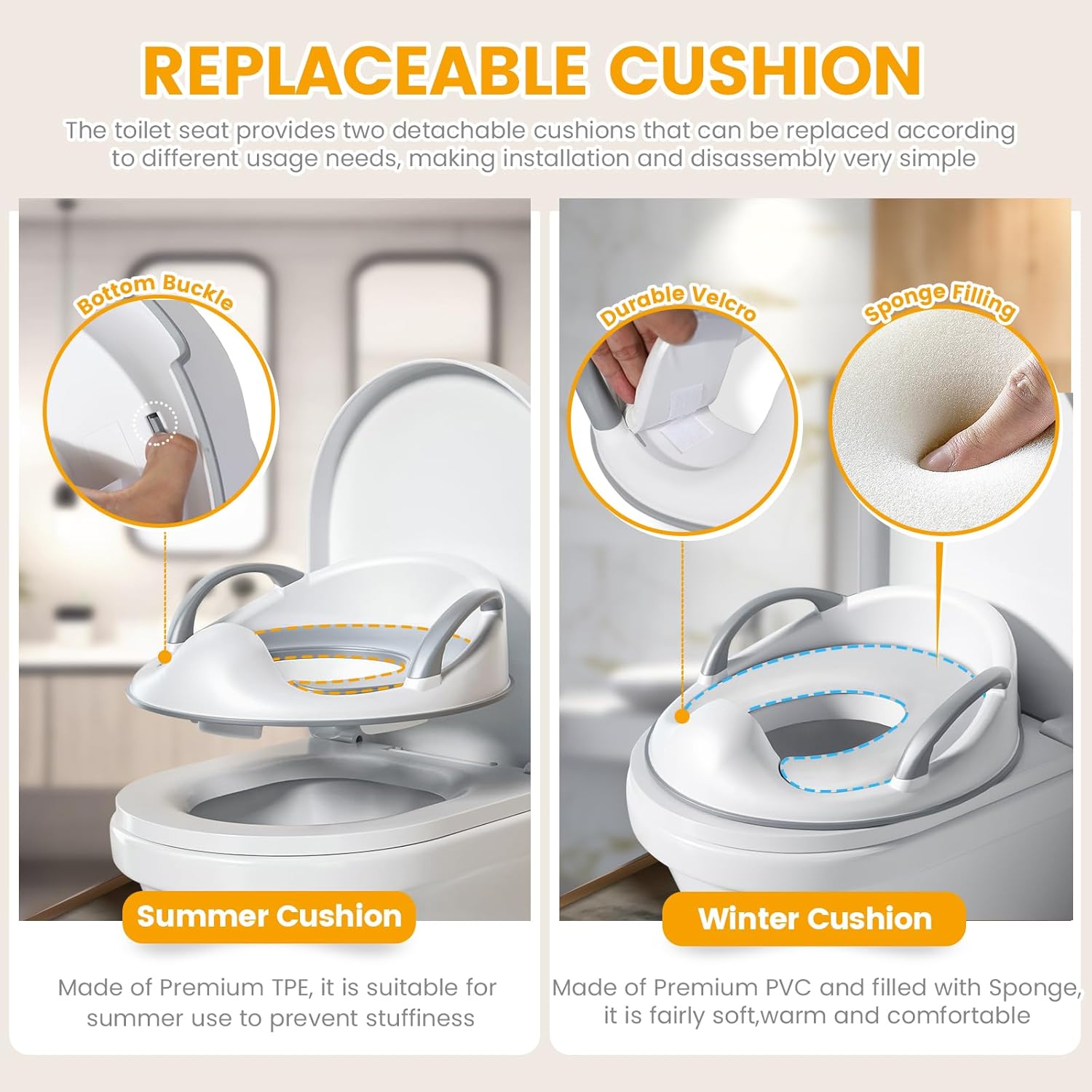 Orzbow Potty Training Toilet Seat for Boys and Girls with Handles & Detachable Soft Cushion, Kids Travel Potty Seat with Anti-Slip Design & Splash Guard, Includes Free Storage Hook,Toilet Brush, Grey