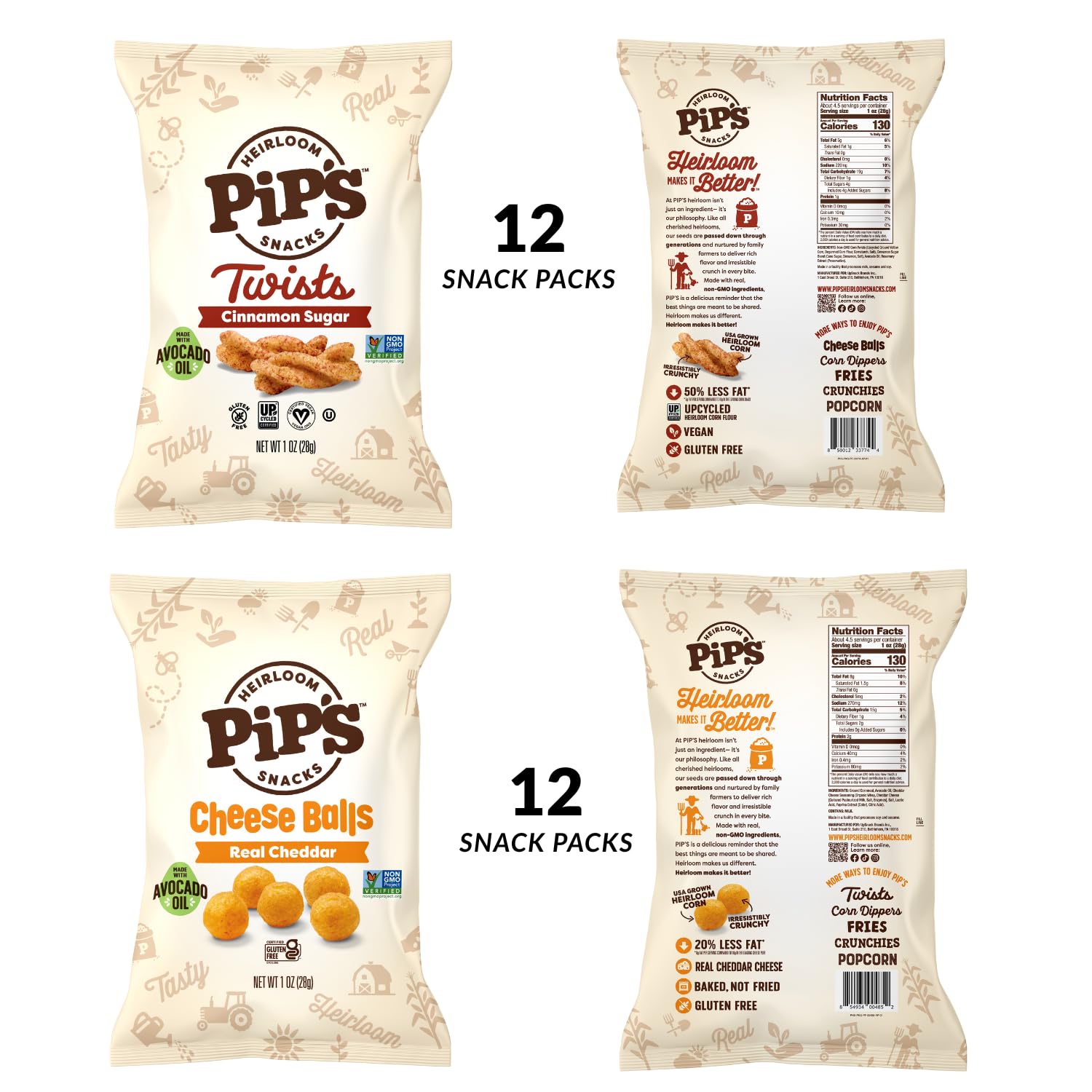 Pip’s Heirloom Puffed Snacks Variety Pack – 1 oz Bags (24 pk) – Individually Wrapped Snack Packs with Cheddar Cheese Balls & Cinnamon Sugar Twists – Made With Avocado Oil – Better For You Snacks, Seed Oil Free, Gluten Free, Non-GMO, Heirloom Corn