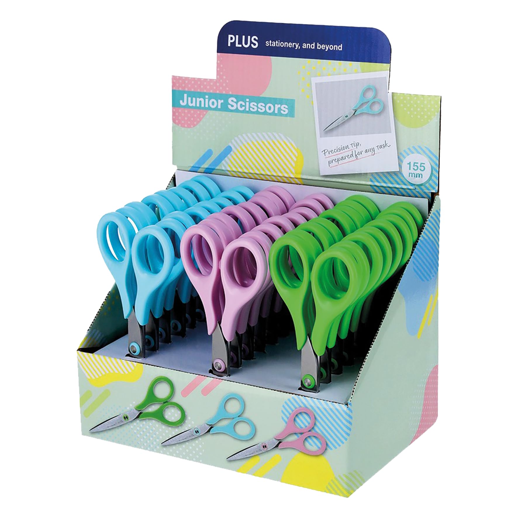 PLUS Juniorschere SC-155C-DP, Präzisionsspitze für filigrane Anwendungen, rostfreier Edelstahl für hohe Langlebigkeit, Display-Inhalt 24 Stück, blau/rosa/grün