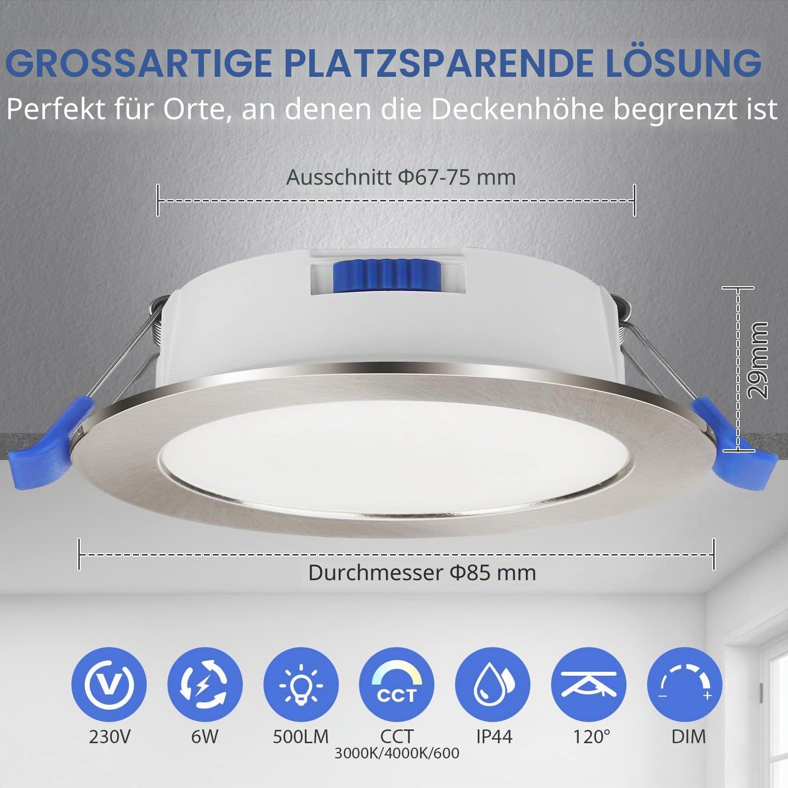 cloksh LED Einbaustrahler 230V Dimmbar Ultra Flach 6W IP44 Bad Einbauleuchten, Warmweiß 3000K Neutralweiß 4000K Kaltweiß 6500K Einstellbar Deckenstrahler für Badezimmer Küche Wohnzimmer, 12er Set
