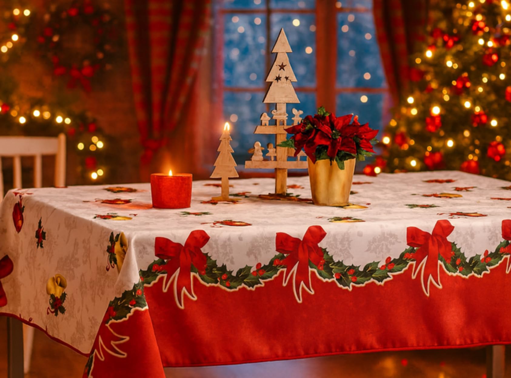 Tovaglia Metallizzata Promo Linge: Rotonda O Rettangolare 300x150 Cm, 100% Poliestere, Antimacchia E Antipiega, Con Motivi Dorati - Perfetta Per Natale, Capodanno E Feste (Stellare, Rosso)