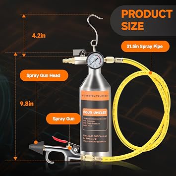 FOUR UNCLES AC Flush Kit with Stainless Steel Canister for Car AC Systems | AC Flush Tool Kit, Solvent Not Included, Stainless Steel Canister, Air Powered Cleaning, Professional AC Service