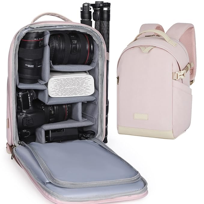 BAGSMART Camera Backpack, DSLR SLR Canvas Camera Bag Fits 13.3 Inch Laptop Water Resistant with Rain Cover Tripod Holder,for Men Women,Canvas Pink
