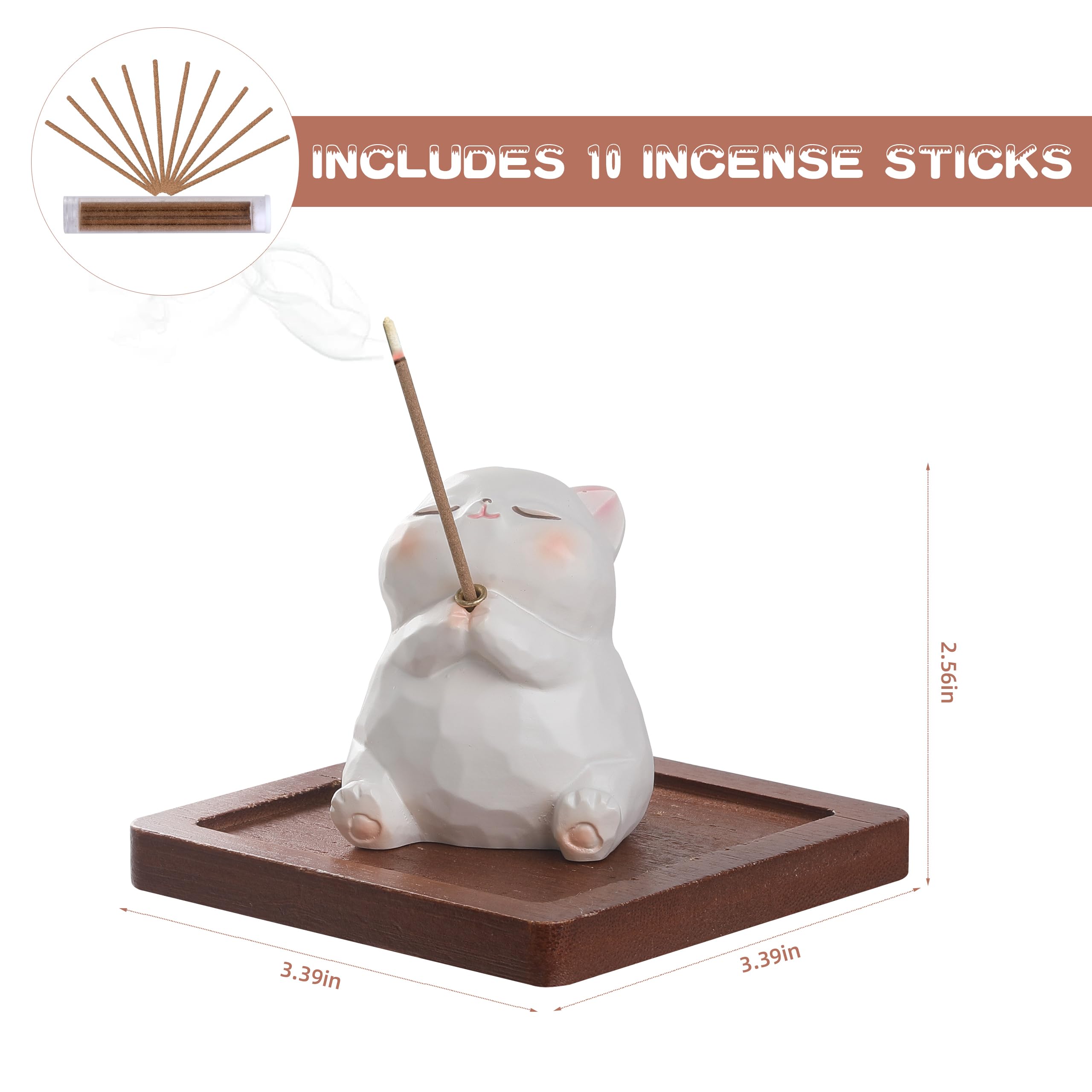 Lionpower Incense Holder for Sticks with Burner & Ash Catcher - Resin Cat, Wooden Tray, 10 Incense Sticks for Meditation Yoga Spa, Cute Home Decor Room Accessories (Cat)