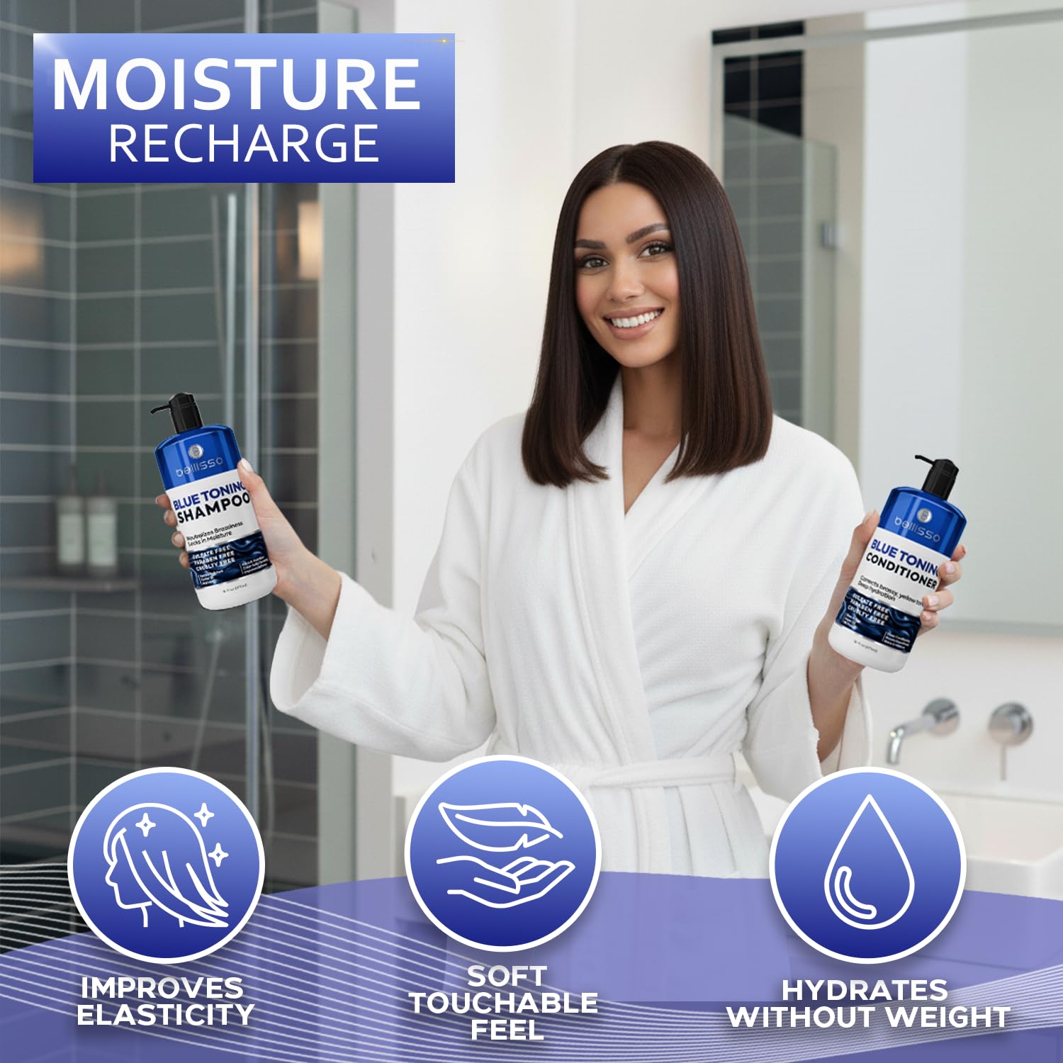 Blue Shampoo and Conditioner Set - Sulfate Free and Paraben Free - Neutralizing Toner to Correct Orange, Brassy Hair Back to Brunette - Professional Formula - For Women and Men - 16 Fl Oz (Set of 2)