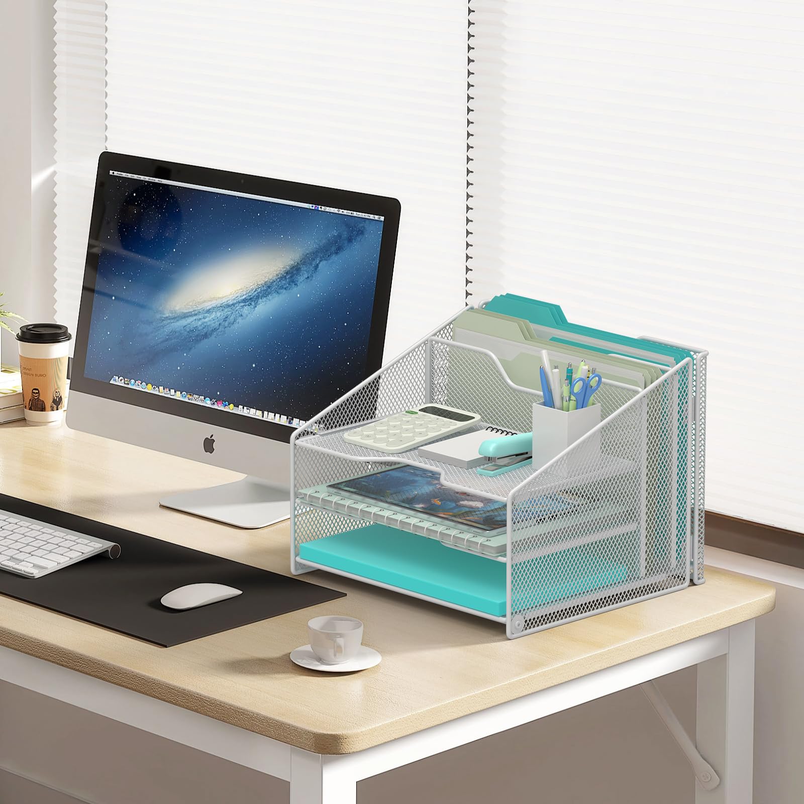 Samstar White Desk File Organizer, Mesh Letter File Folder Holder with 3 Paper Trays and 2 Vertical Upright Section, for Office Supplies, Desk Accessories & Workspace, White view 5