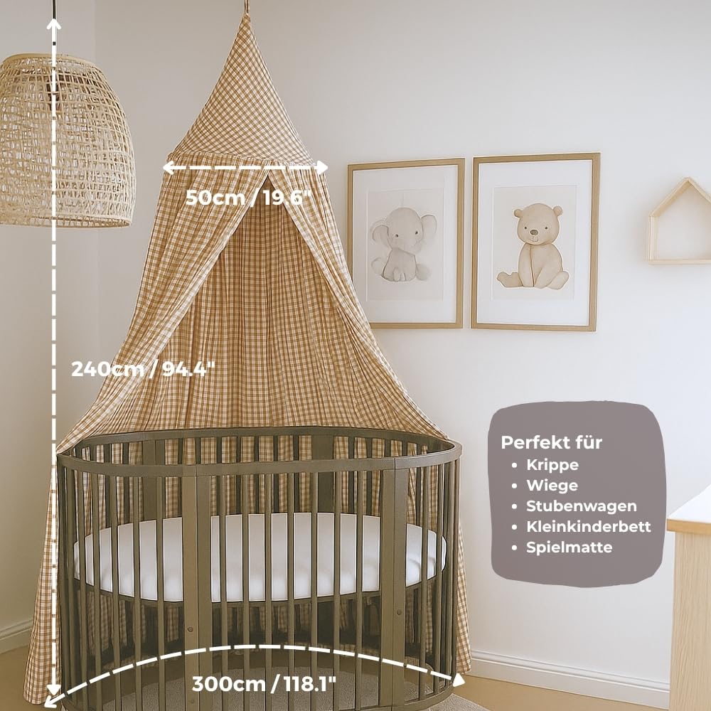 Wonder Space Kinderbett-Himmel - Neutrales Beige Karomuster für Kinderzimmer | Dekoratives Baumwollzelt für Babybetten & Kleinkinderbetten | Perfekt für Leseecke oder Spielbereich
