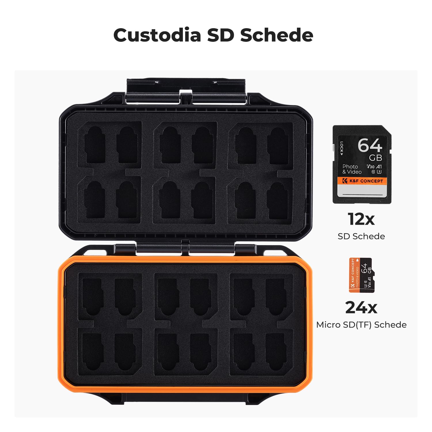 K&F Concept Custodia per Schede di Memoria, Porta Schede Memoria con 36 Scomparti, Impermeabile e Antiurto, per 12 x Schede Micro SD（TF CARD)+ 24 x Schede SD
