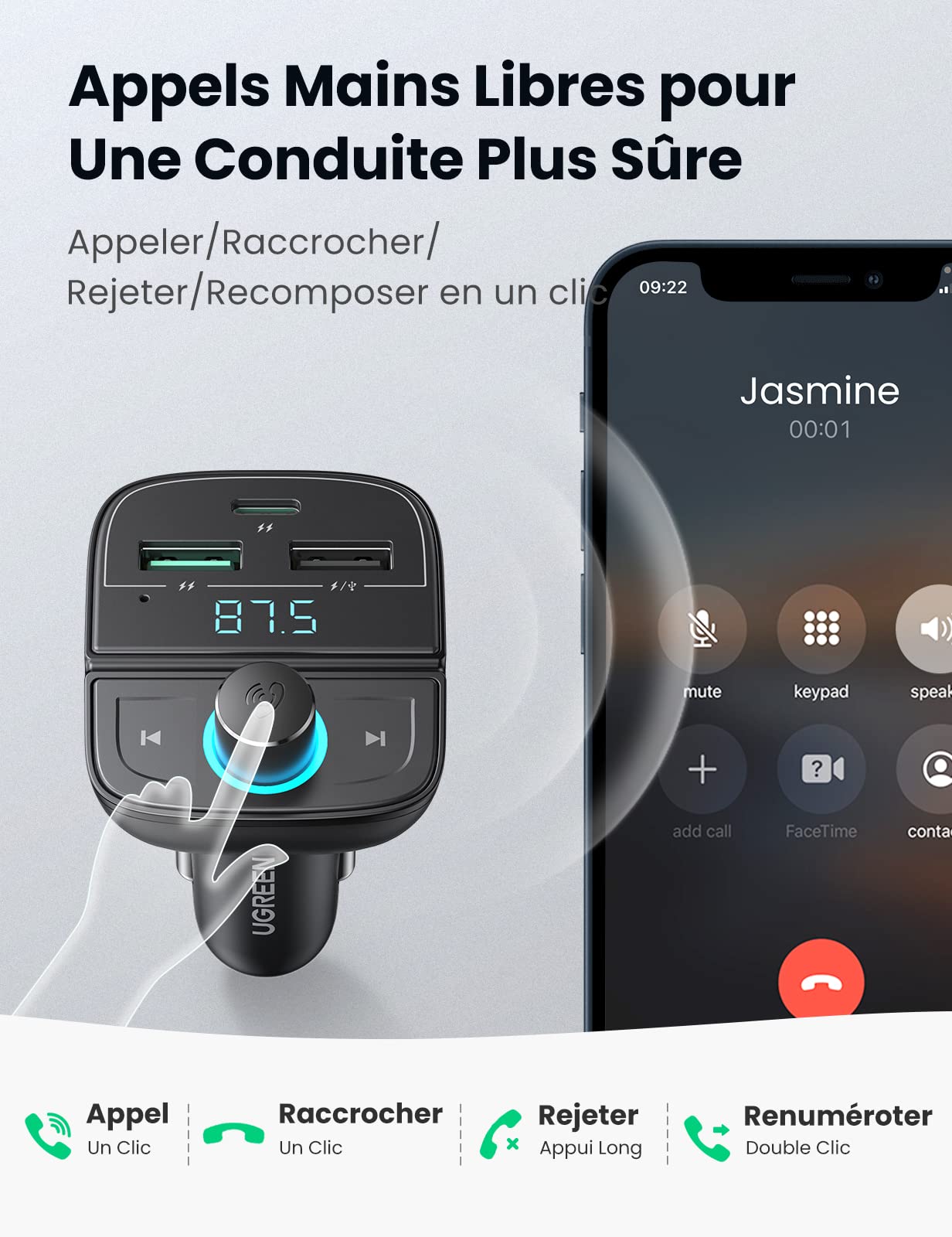 UGREEN Transmetteur FM Bluetooth 5.0 Kit Émetteur FM Voiture Chargeur PD 20W et Quick Charge 3.0, Lecteur MP3 Adaptateur Radio sans Fil, Appel Main Libre, Support Carte Micro SD et Clé USB